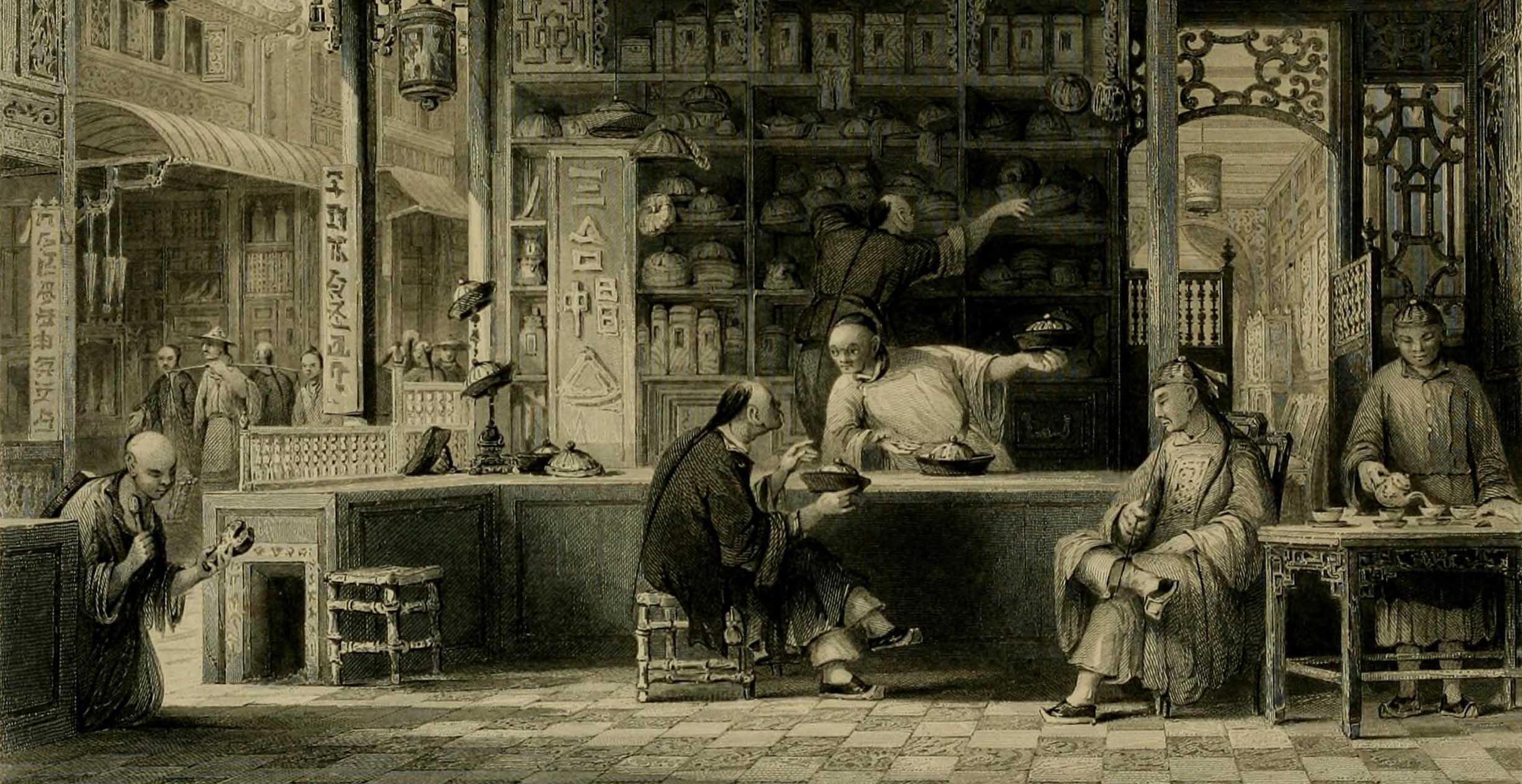 Illustration of customer at a hat shop, China